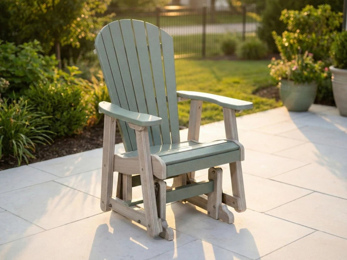 Mint and white Empress single glider on a covered patio