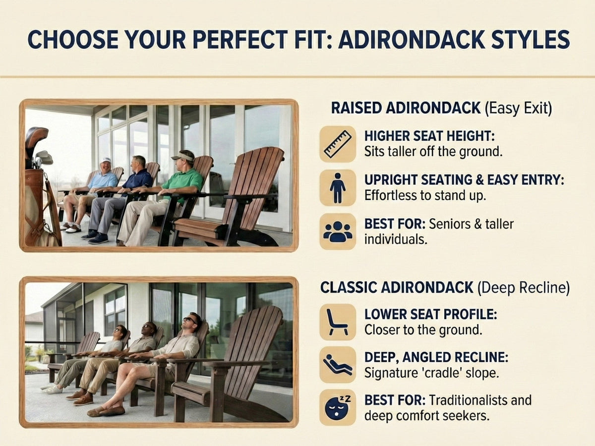 Side-by-side comparison of raised and classic Beaver Dam Majestic Adirondack chairs